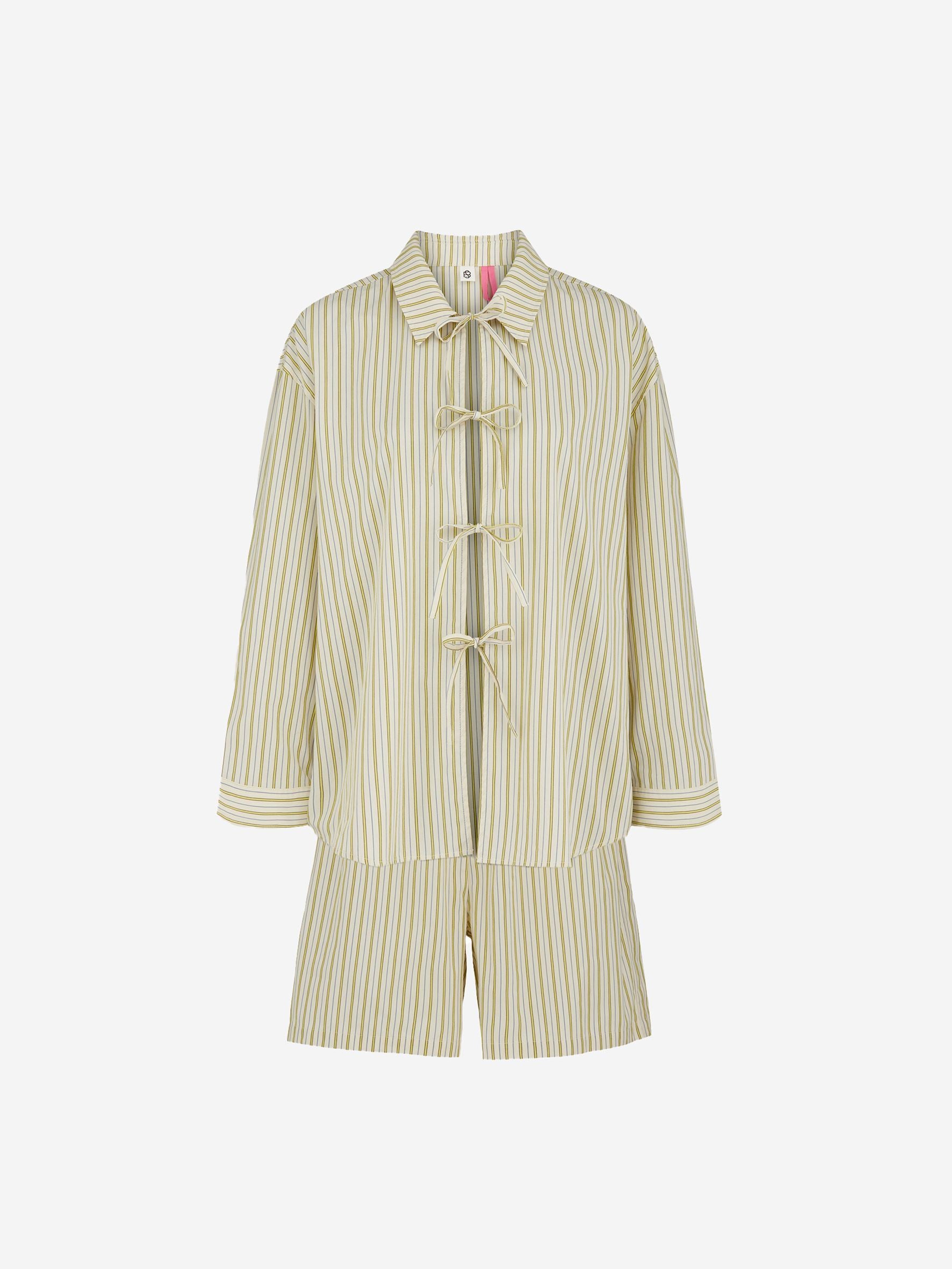 Becksöndergaard, Stripel Set Shirt+Shorts - Off-White/Green, archive, homewear, sale, homewear, sale, archive